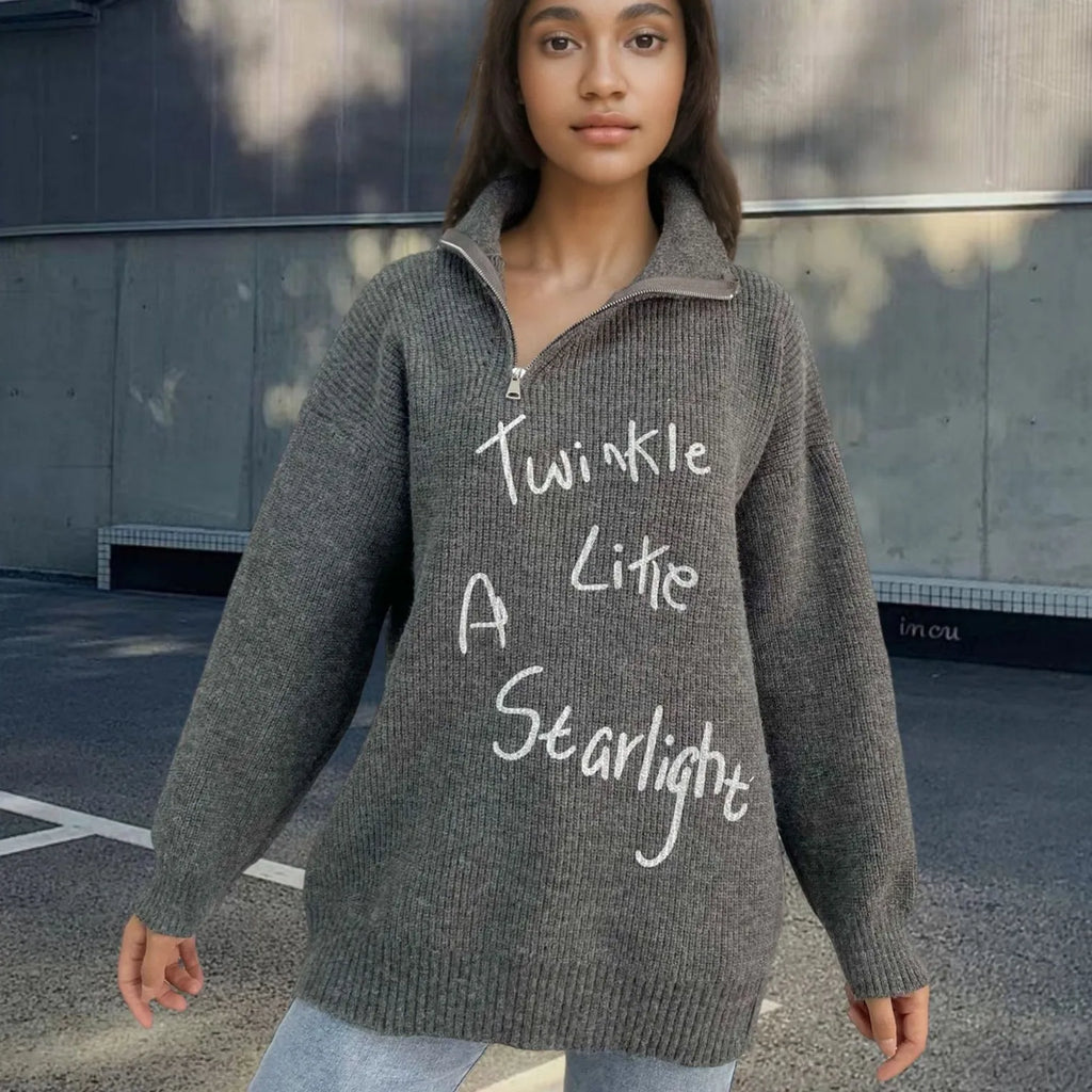 Women's loose lapel alpaca wool pullover sweater with oblique zipper in light khaki colour