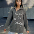 Women's loose lapel alpaca wool pullover sweater with oblique zipper in light khaki colour