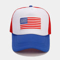 Red and blue colour block mesh baseball cap with adjustable strap on a dome crown.