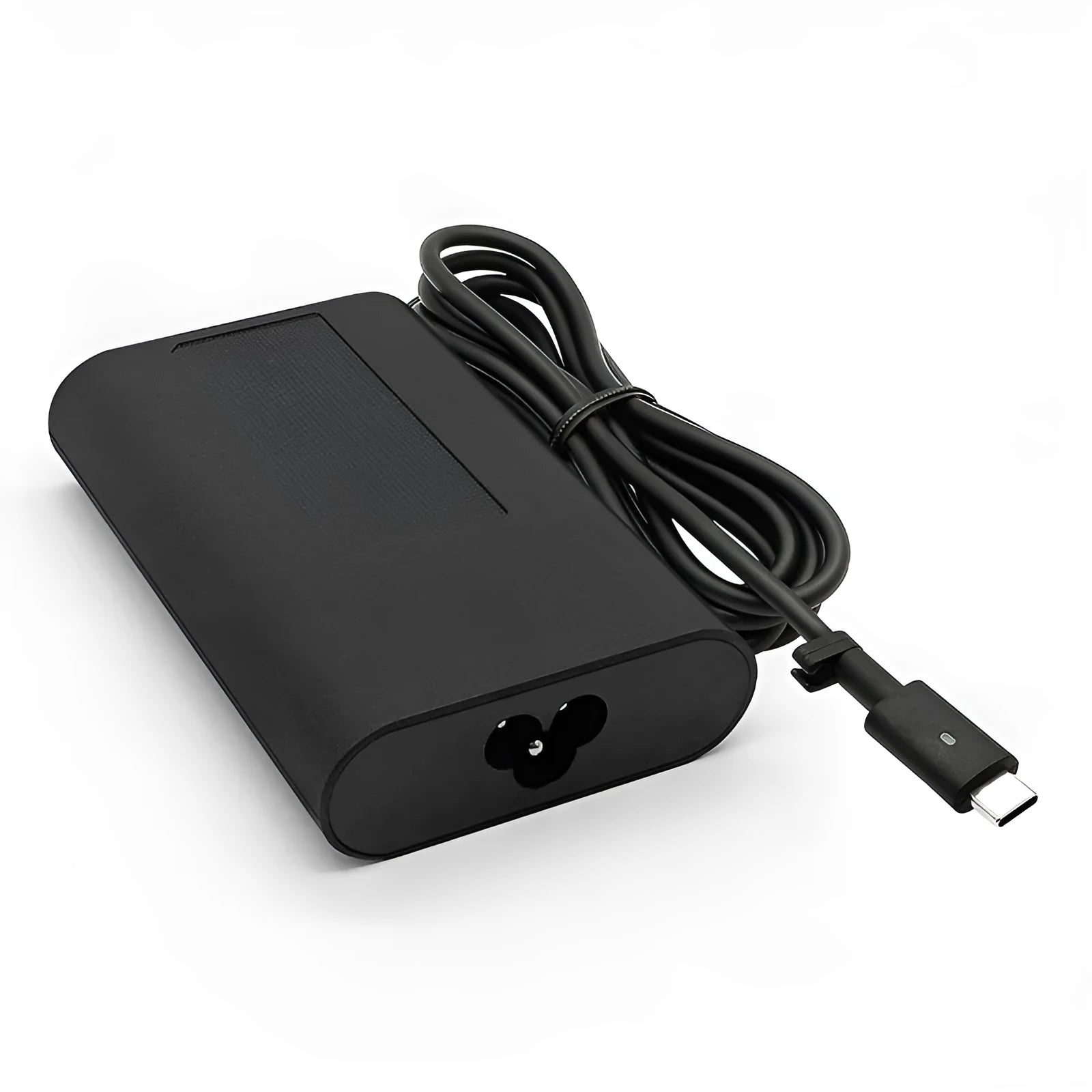 Black 65W USB-C laptop power adapter with multiple international plug attachments