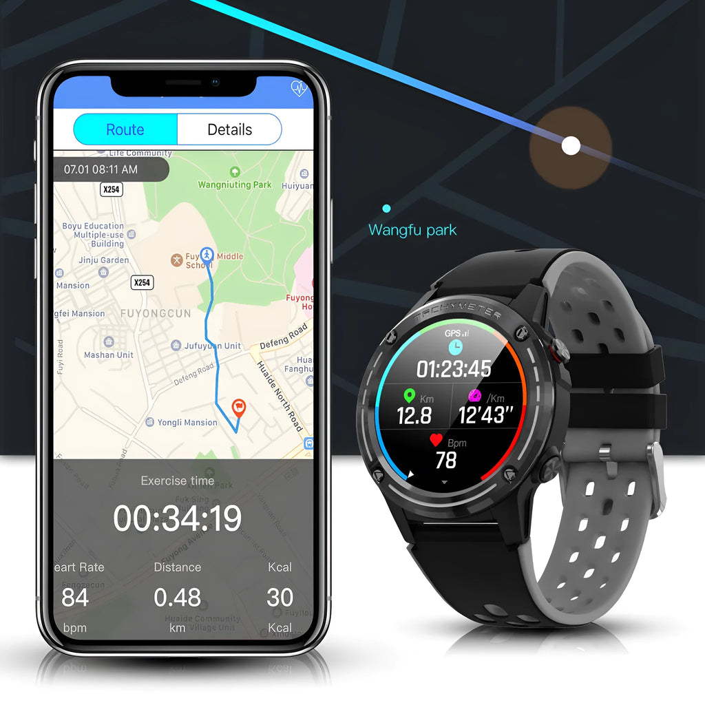 GPS smart sports watch with a silicone strap in blue on a wrist, showing a 49mm screen.