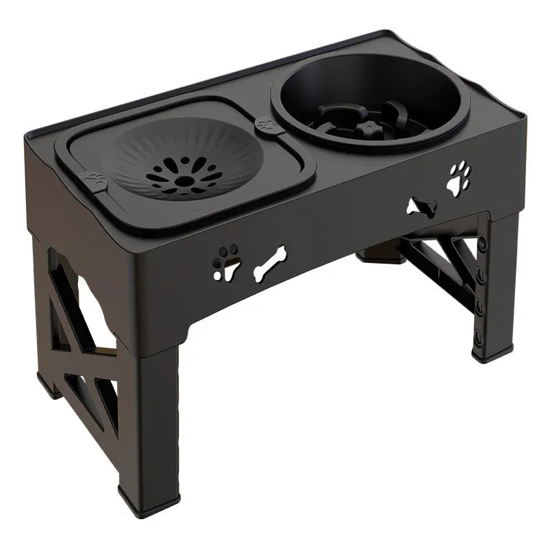 Pet stainless steel double bowl integrated lifting dog feeder in black and gray with silicone base on floor