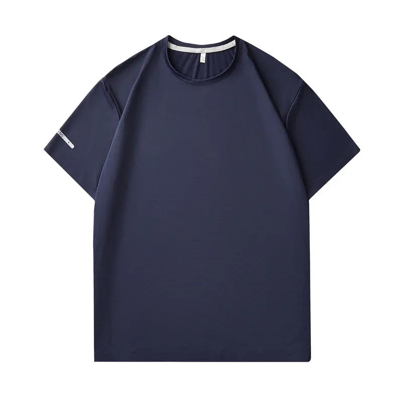 Seamless nylon quick-drying round neck T-shirt in army green colour on white background