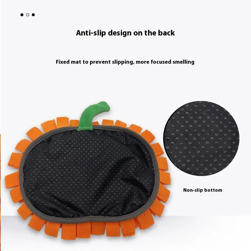 Orange pumpkin-shaped pet slow feeder mat with woollen pad on polar fleece.