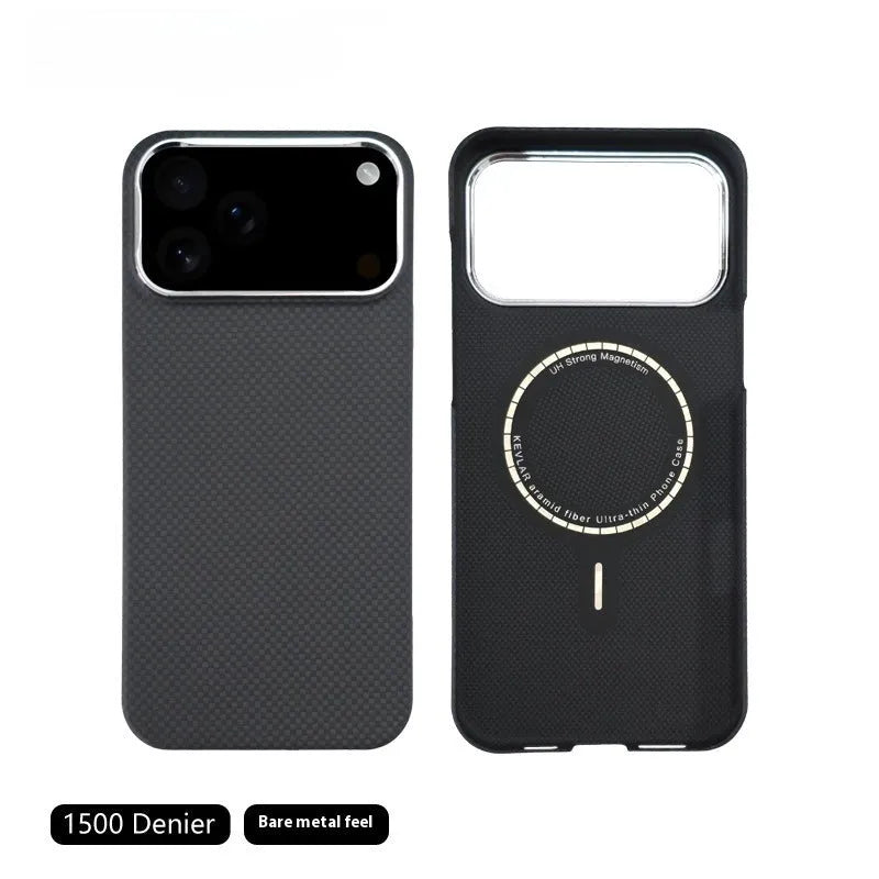 Black aramid fiber magnetic phone case for iPhone 17 Pro Max with lattice pattern and 6D micro relief texture