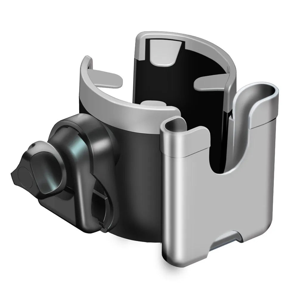 2-in-1 baby stroller cup holder in black and gray silicone and ABS material on handlebars