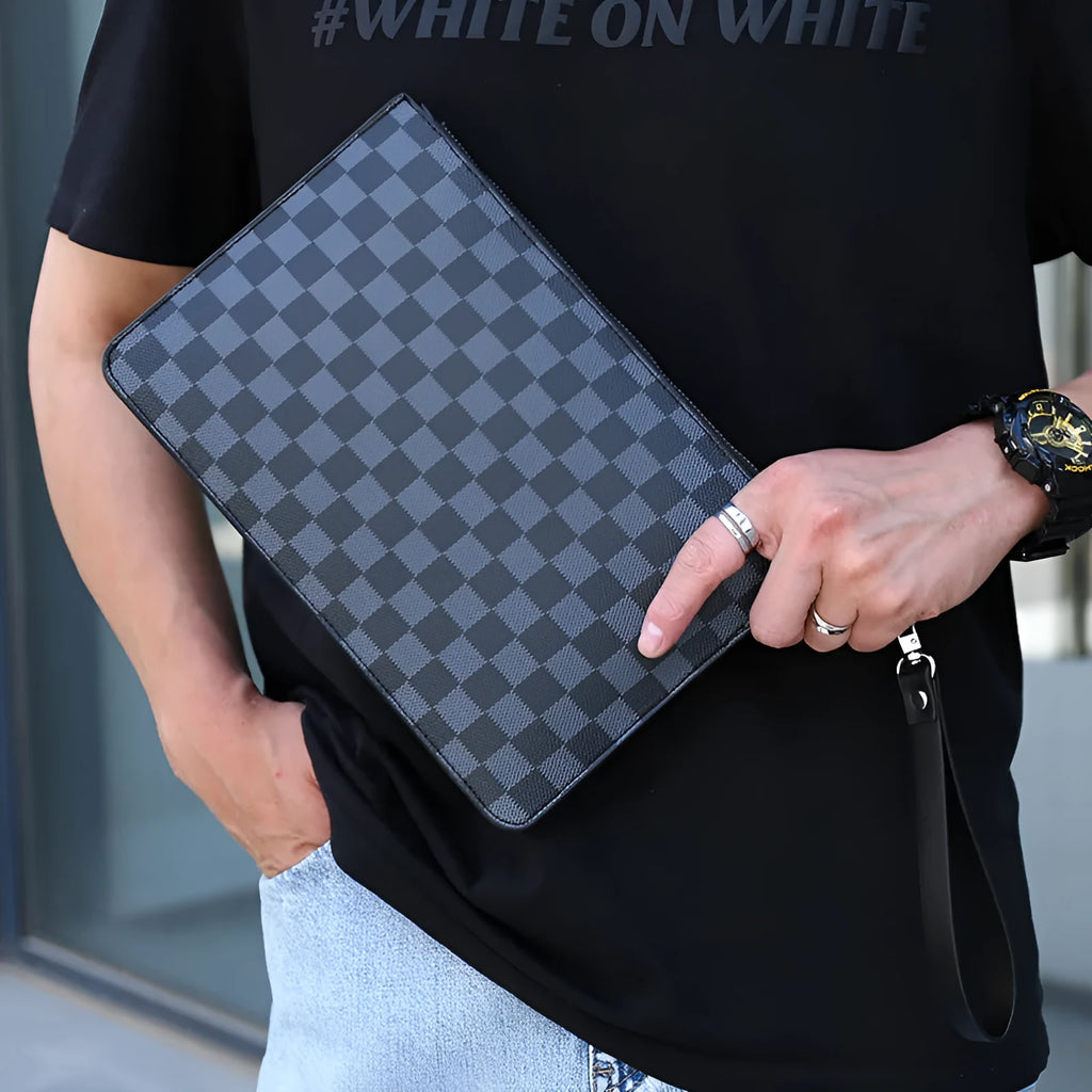 Men's black checkered PU leather clutch wallet with six card slots and zipper pocket