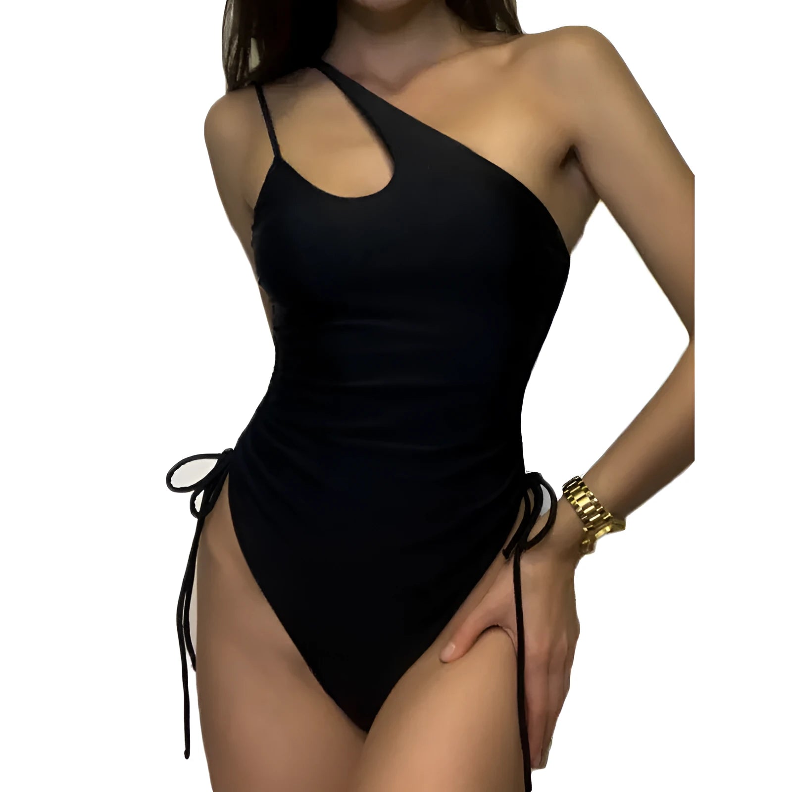 Black sleeveless women's dress with sloping shoulders and lacing detail on a tight fit.