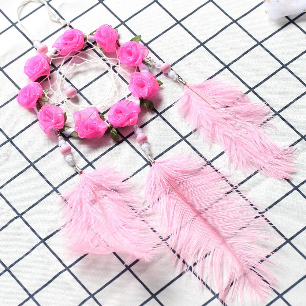 Pink ostrich feather Dreamcatcher Wind Chimes wall decoration in modern simplicity style