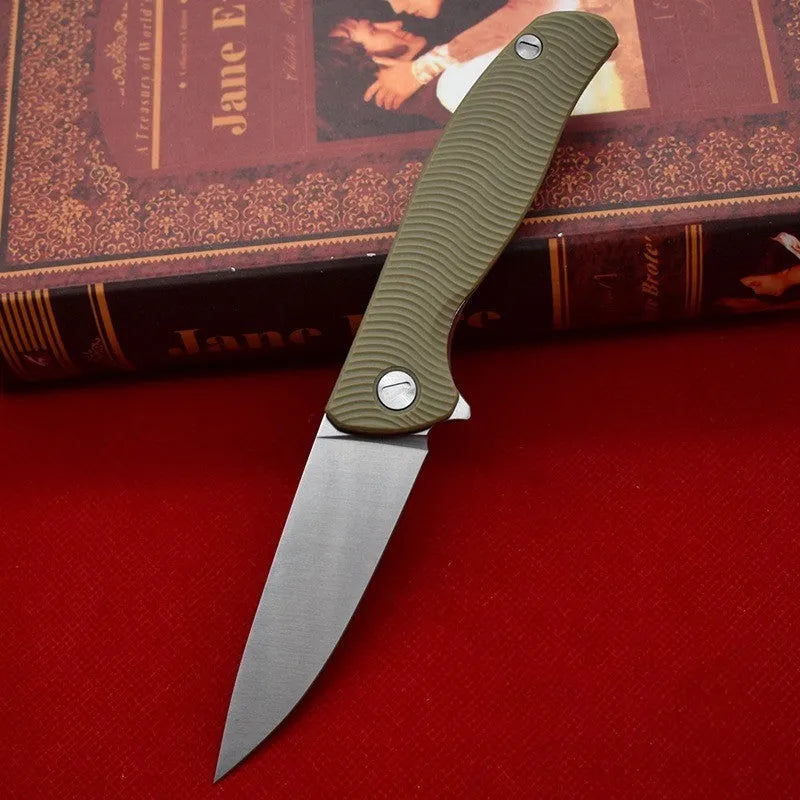 Outdoor folding knife with 9.6cm D2 steel blade and black nylon glass fibre handle