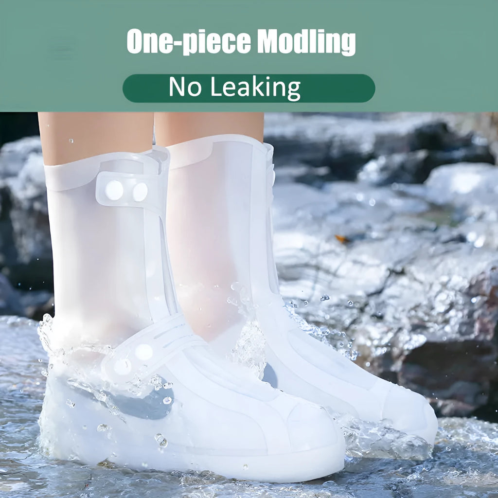 Women's white PVC high top reusable waterproof shoe covers shown on feet