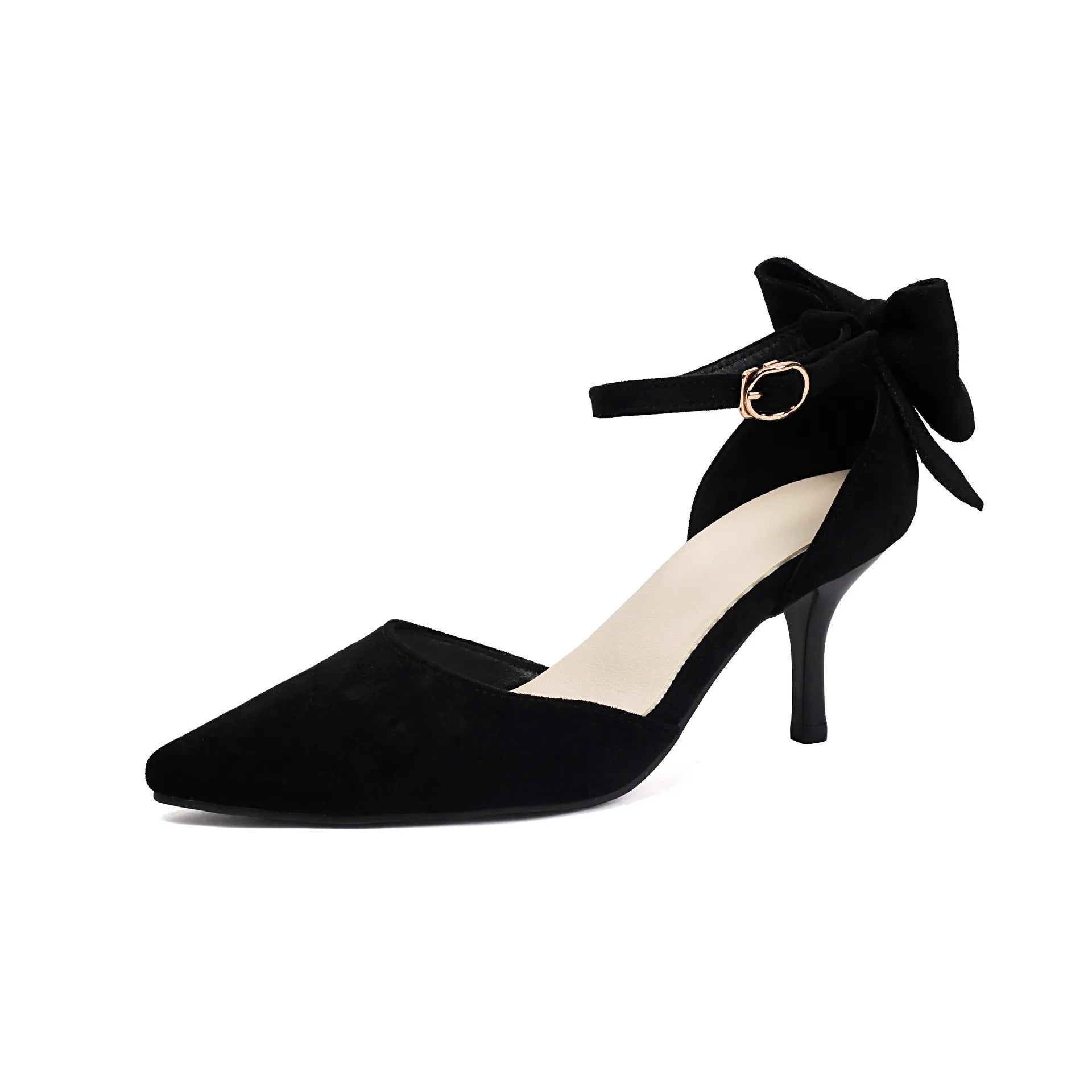 Black suede pointed-toe stiletto high heels with a bowknot detail and buckle fastening.