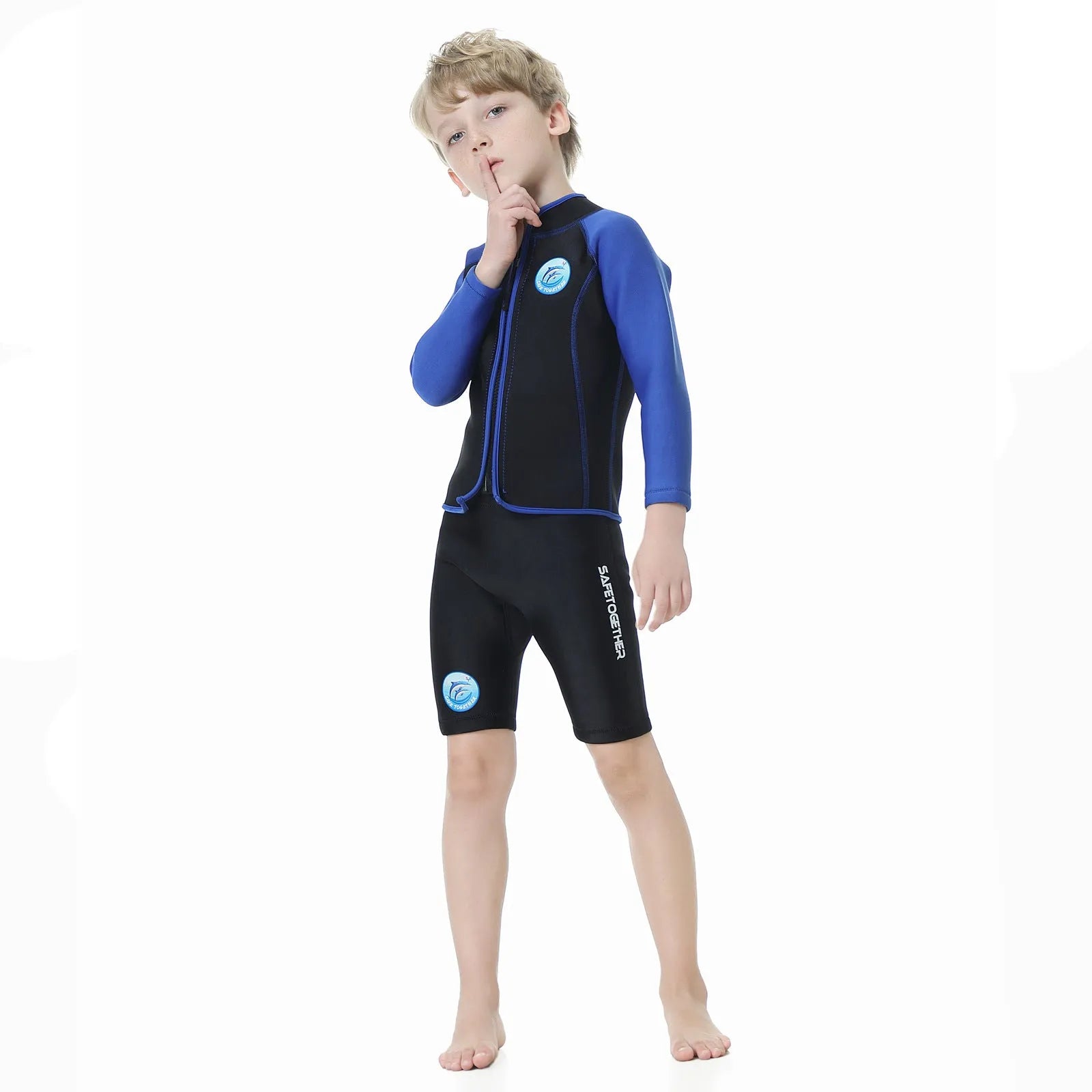 Children's diving suit long sleeve two-piece swimsuit in boys black and blue on child
