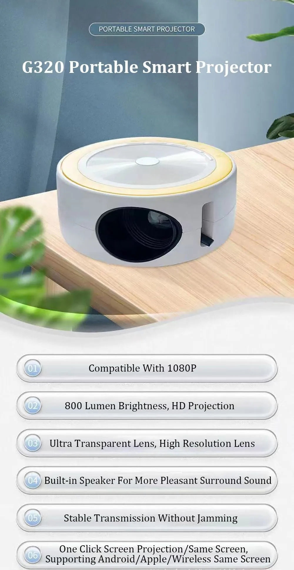 YT200 compact LED projector in black, white, yellow and white, or blue and white colours with remote control