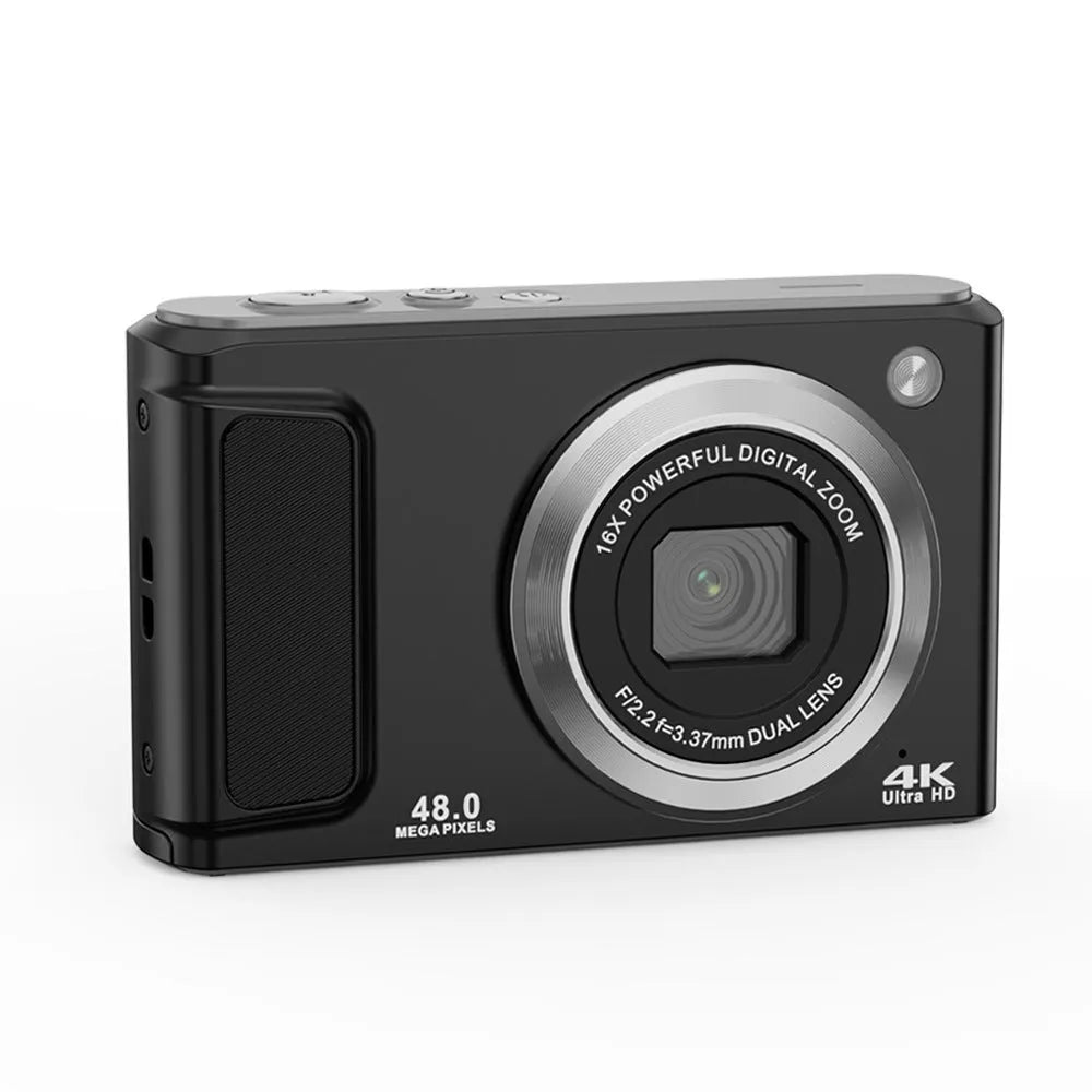 Entry-level 4K HD digital camera in black with front and rear dual lenses, compact ABS body on white background