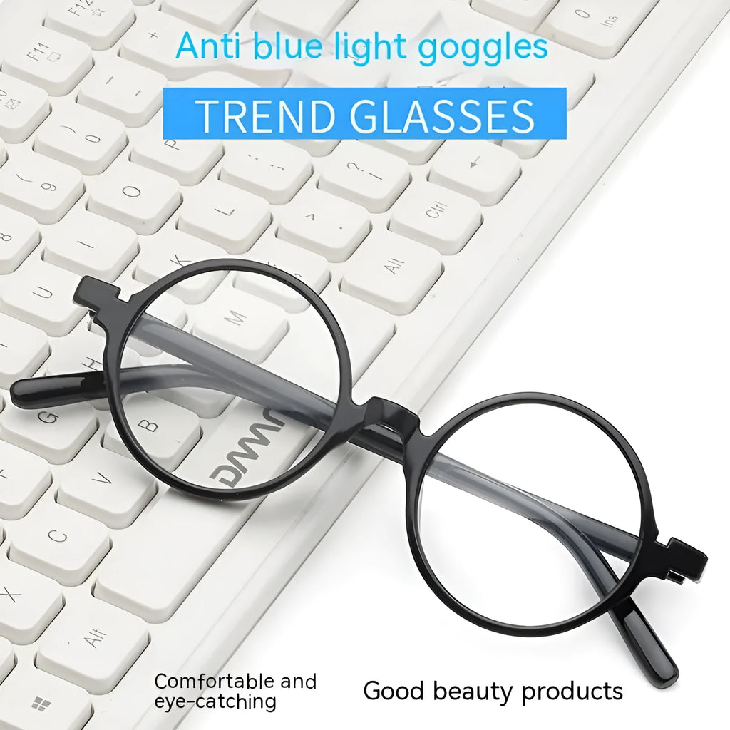 Artistic retro round non-prescription glasses with flat mirror lenses in four colour options