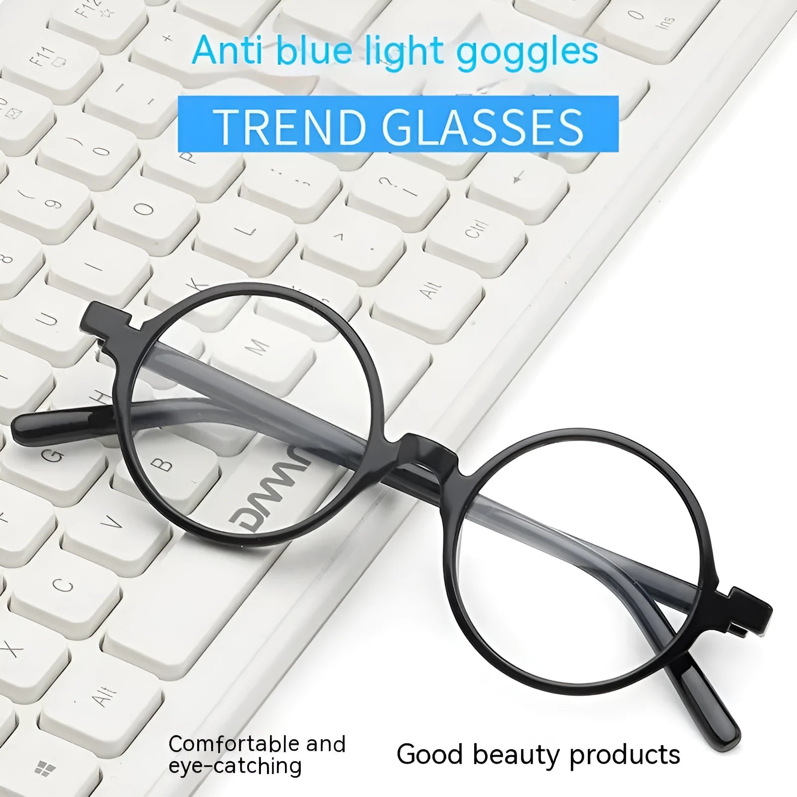 Artistic retro round non-prescription glasses with flat mirror lenses in four colour options
