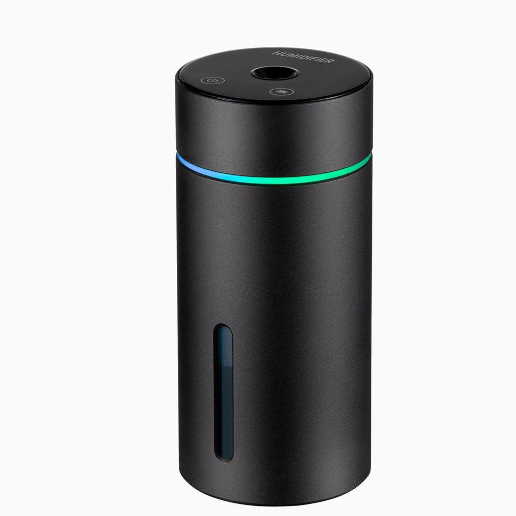 Black aluminium car humidifier with USB cable, 260ml capacity, and colourful night light
