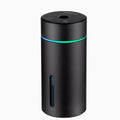 Black aluminium car humidifier with USB cable, 260ml capacity, and colourful night light