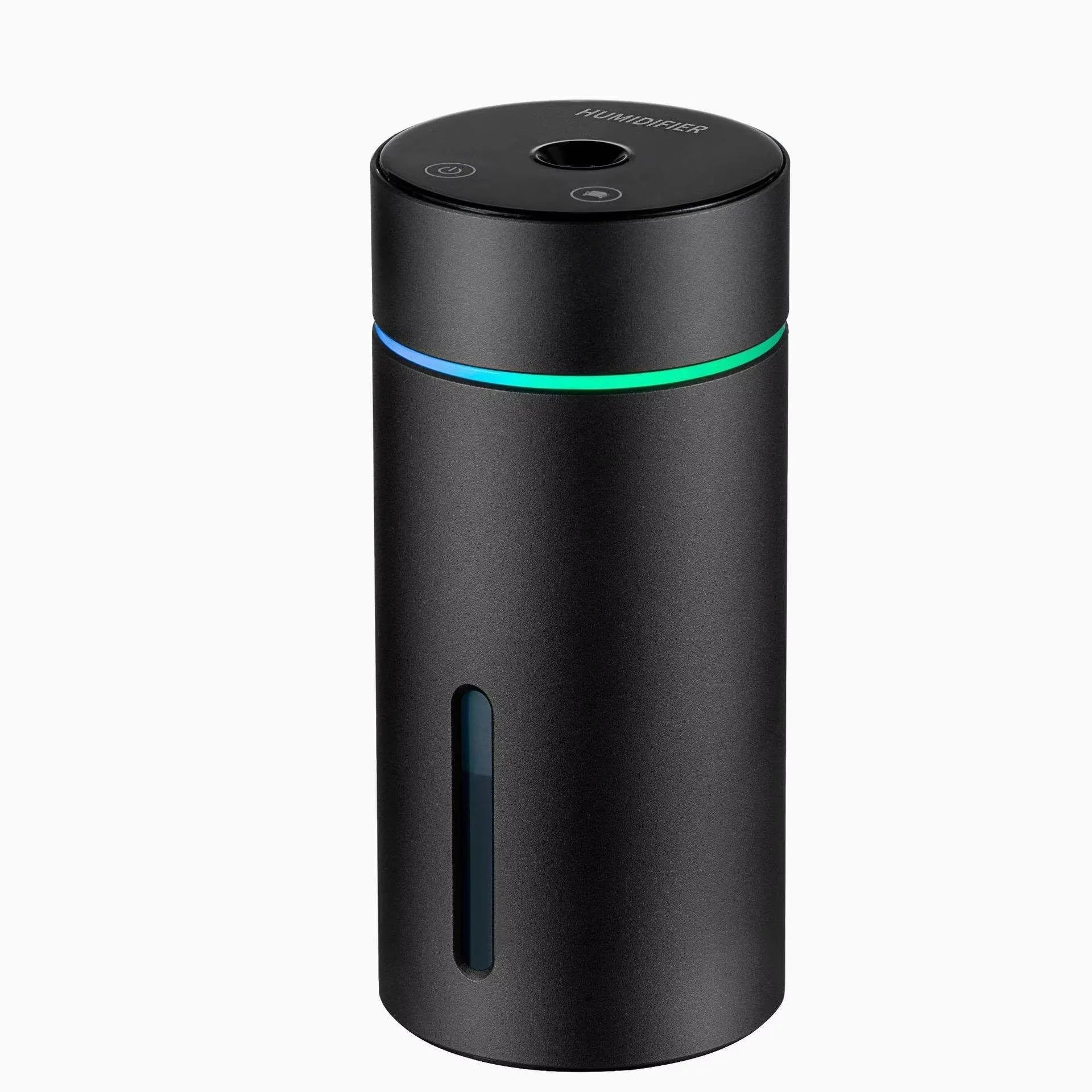 Black aluminium car humidifier with USB cable, 260ml capacity, and colourful night light
