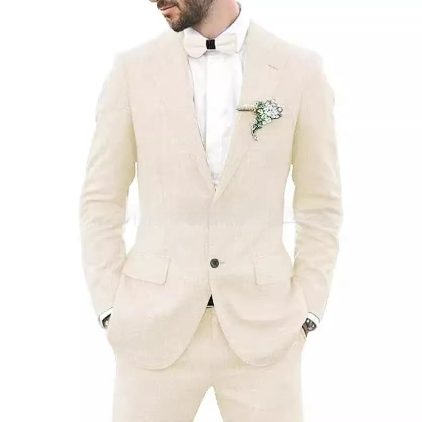 Men's slim fit suit with hemp blend fabric in dark blue colour, jacket and trousers set