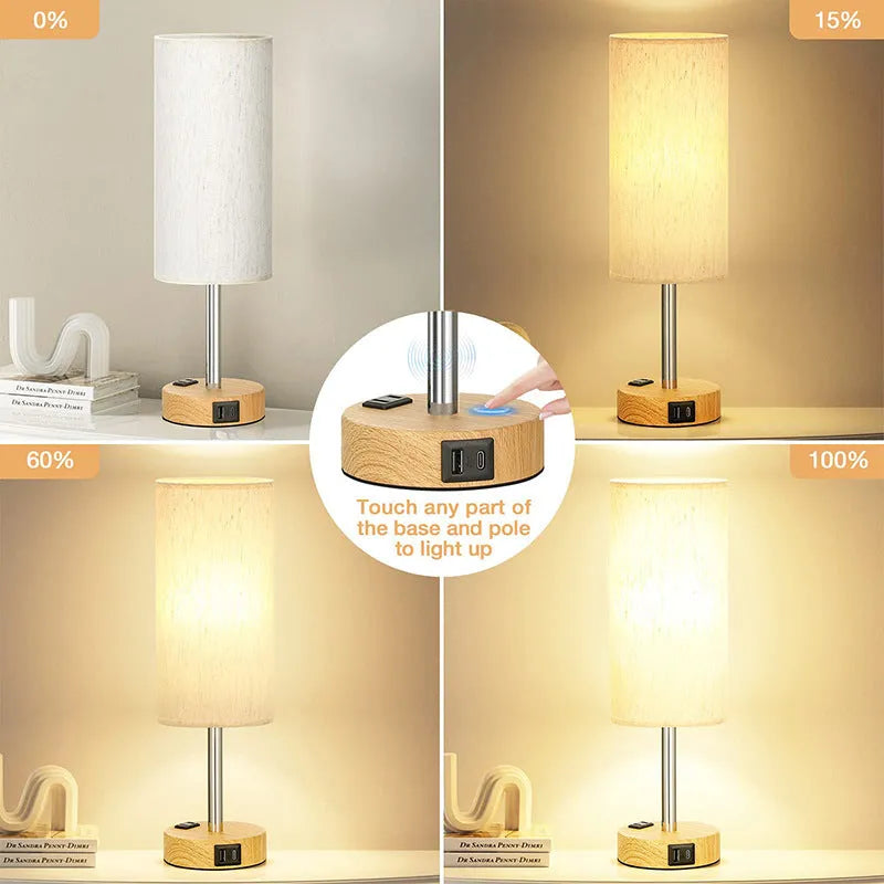 Night Wood Grain table lamp with metal base and three-gear touch dimming on a bedside table
