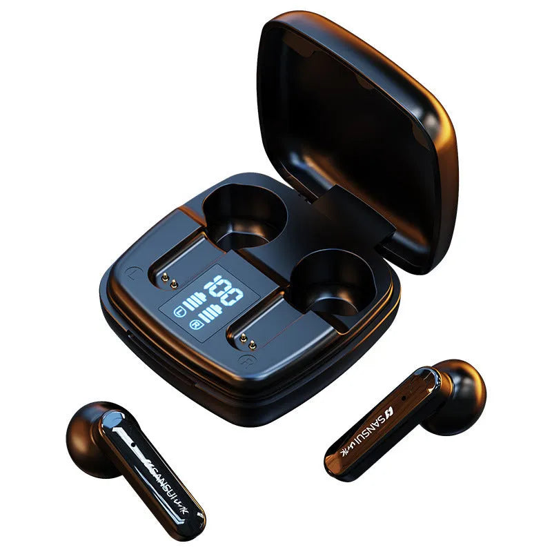 Wireless black semi-in-ear Bluetooth earphones showing digital battery display on earpiece