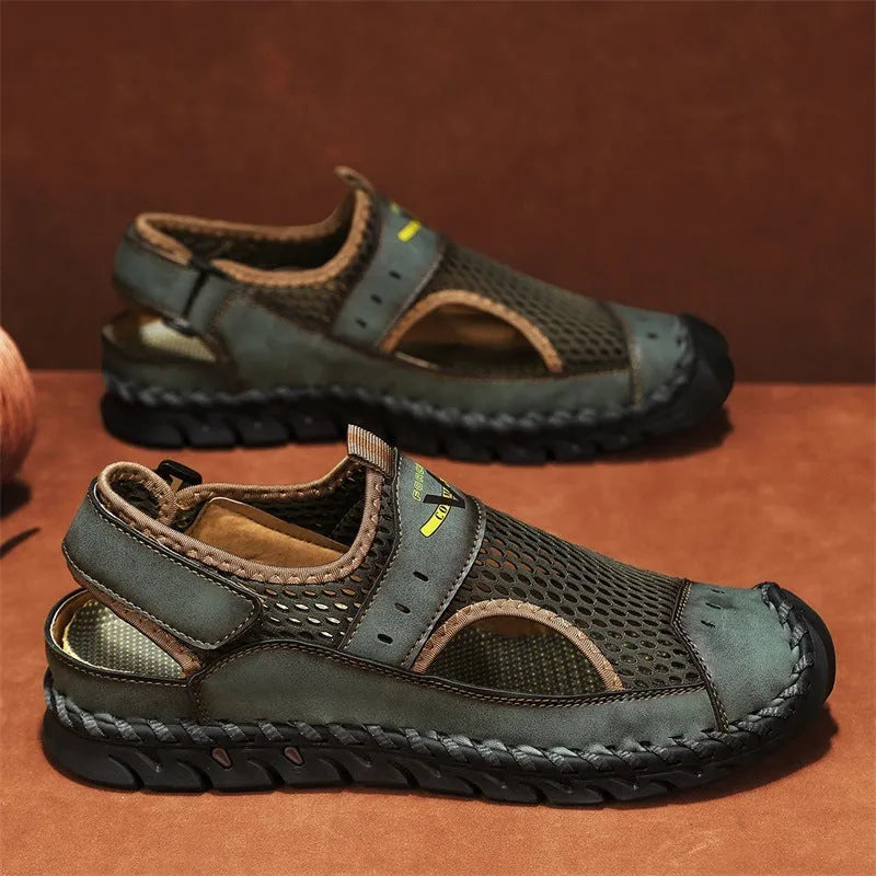Men's brown breathable mesh casual shoes with genuine leather upper and elastic band