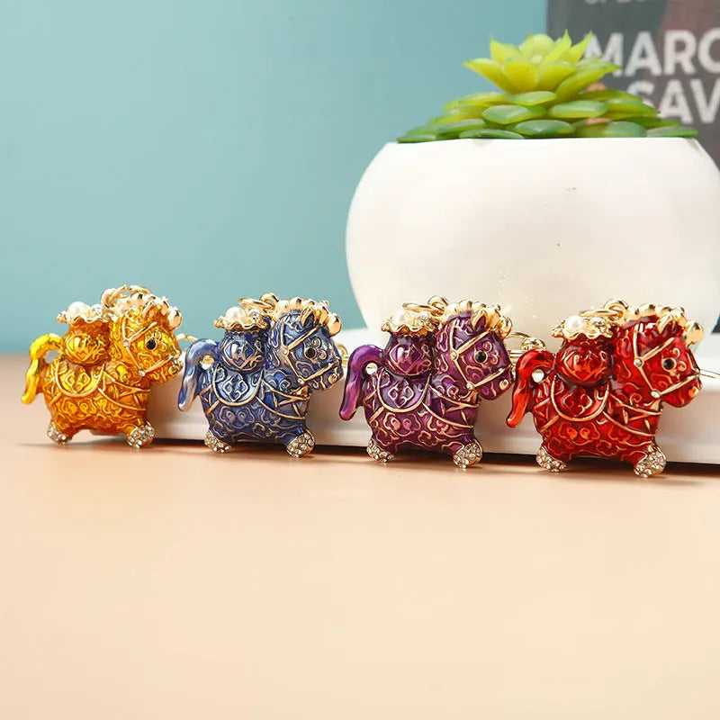 Chinese style diamond-embedded alloy car key ring with lucky rope in multiple colours