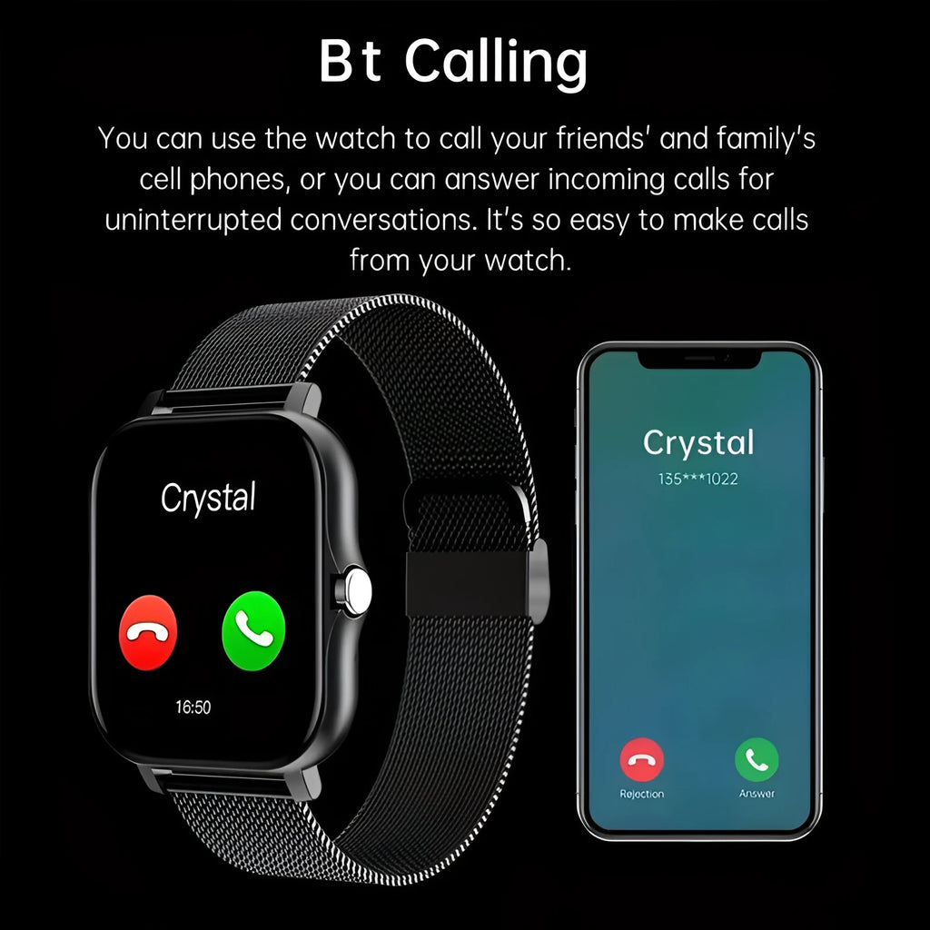 Smart watch with 144-inch screen showing heart rate display and Bluetooth calling interface