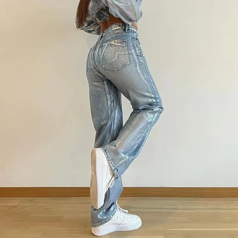 Blue washed high waist straight leg denim jeans with contrast colour street hipster styling