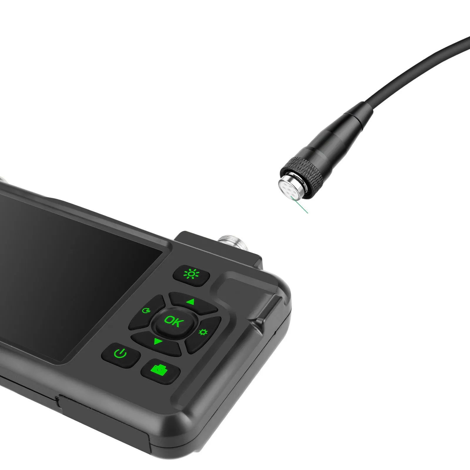 Handheld industrial endoscope with 4.5-inch screen and thin black inspection probe