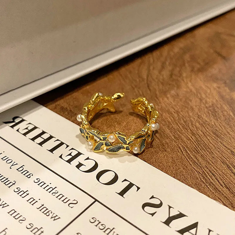 Chinese butterfly design women's copper ring with dripping oil treatment finish