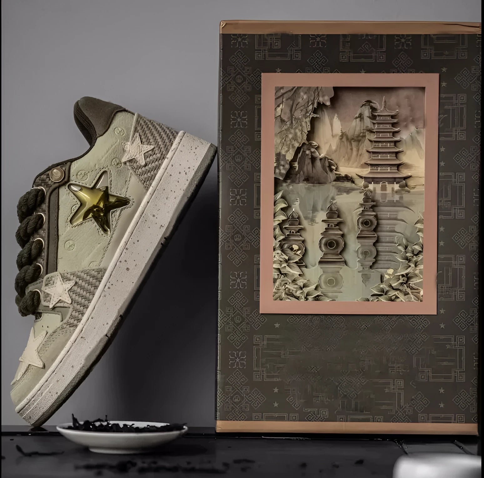 Green casual sneakers with star pattern and round toe design