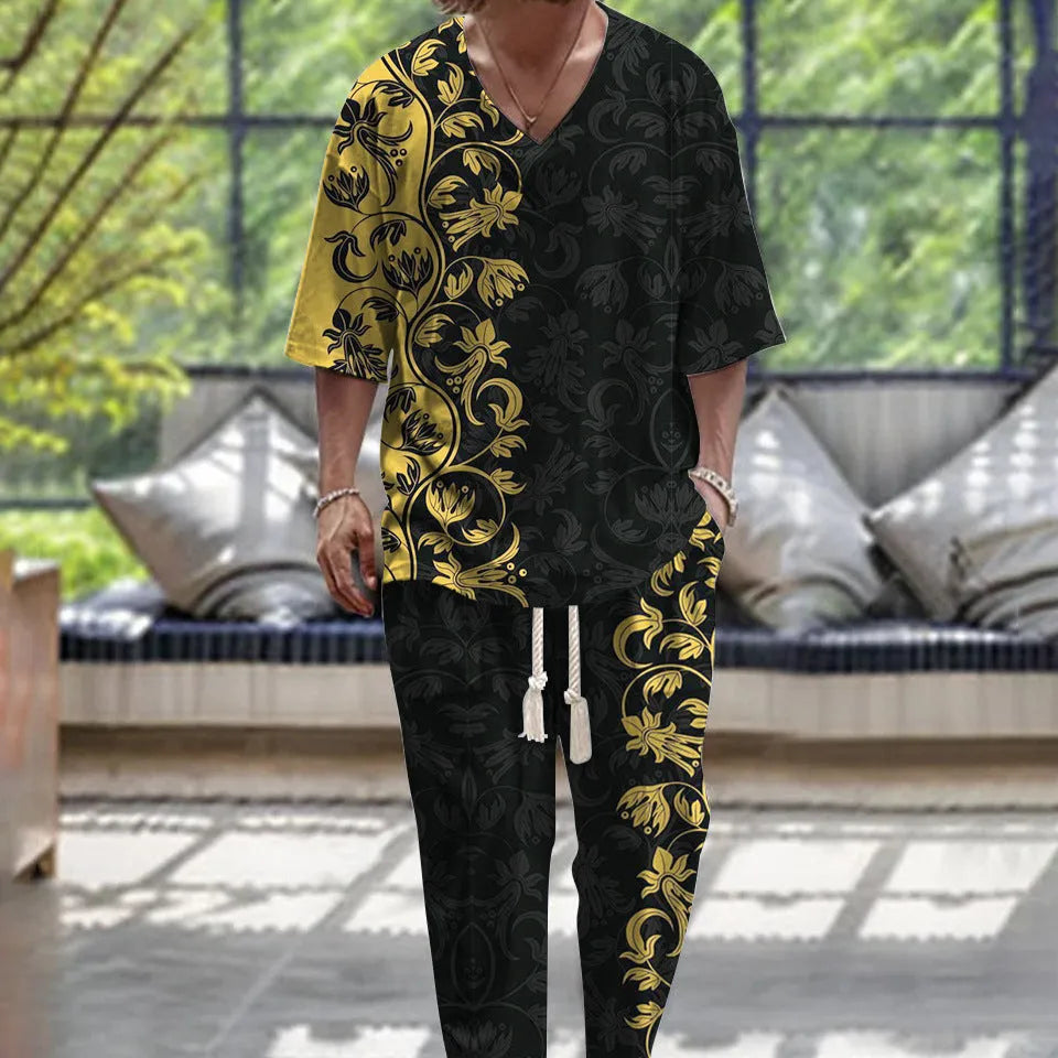 Trousers suit with V-neck jacket and cropped sleeves in thin polyester fabric