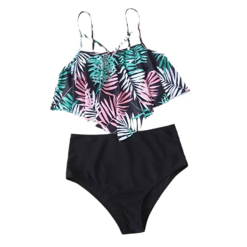 Women's high waist floral print bikini swimsuit with flounced detail in blue and white pattern