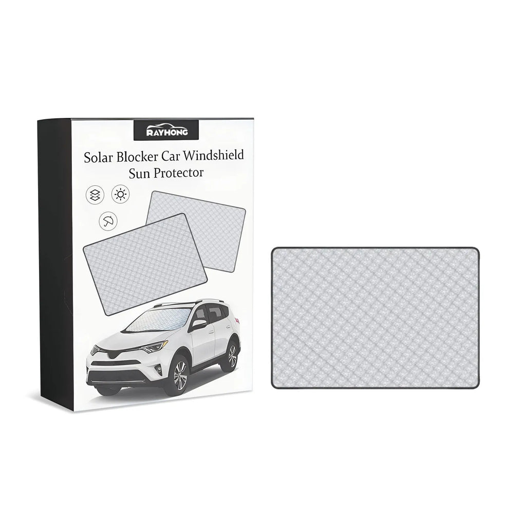 Car windscreen frost cover made of silver aluminium film and nylon fabric, laid flat showing its rectangular 140cm x 95cm size.