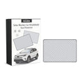 Car windscreen frost cover made of silver aluminium film and nylon fabric, laid flat showing its rectangular 140cm x 95cm size.