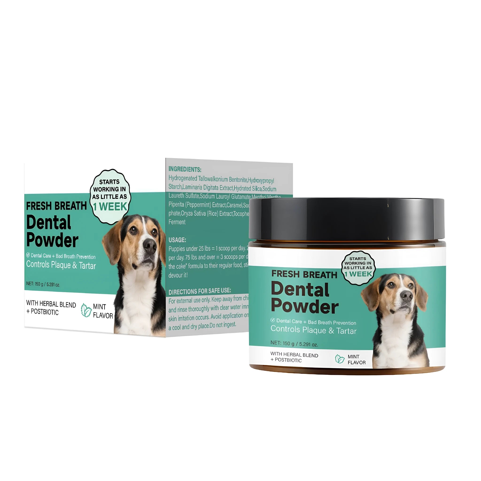 150g container of dog dental tooth cleaning powder for breath freshening