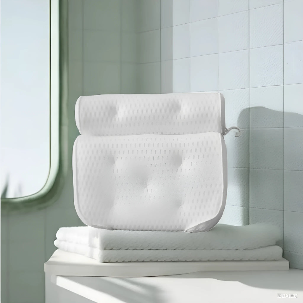 White bathtub pillow with 4D mesh design and 7 suction cups on 3D breathable material.