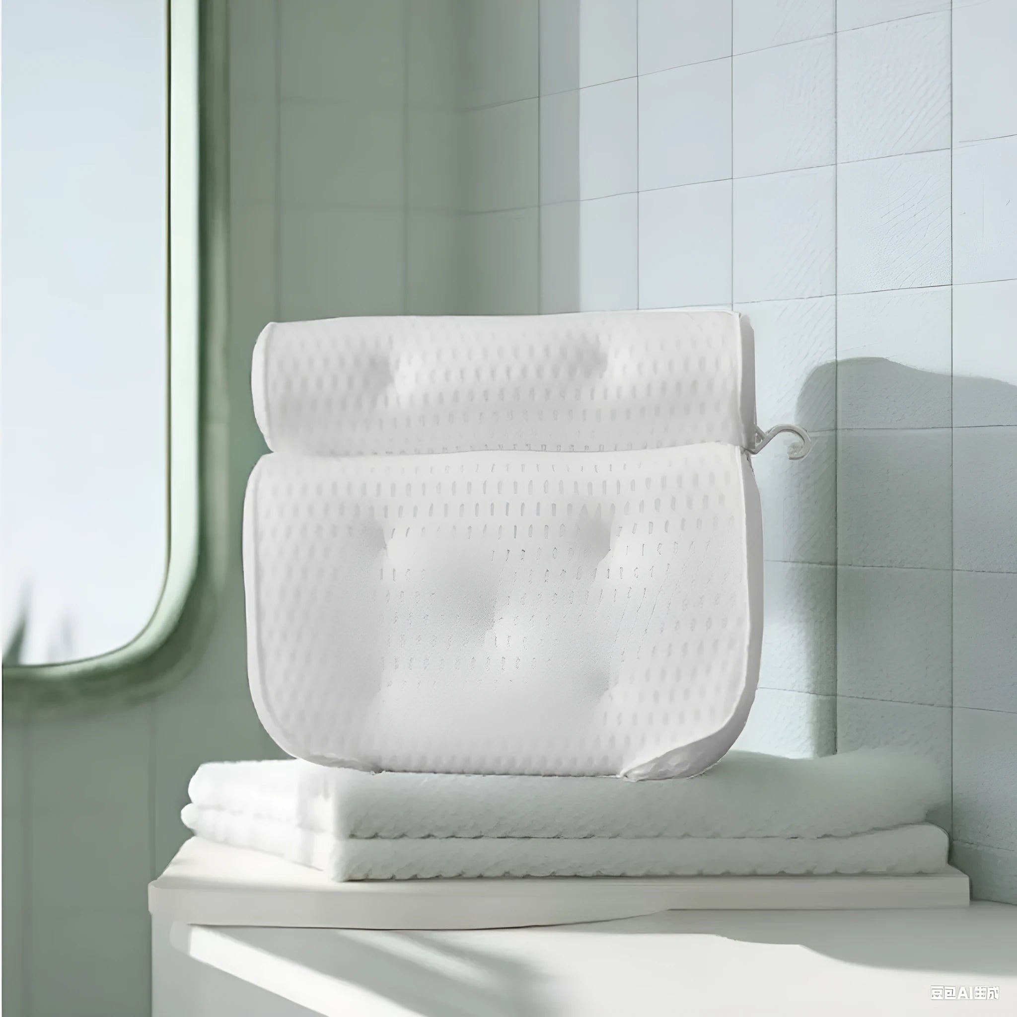 White bathtub pillow with 4D mesh design and 7 suction cups on 3D breathable material.