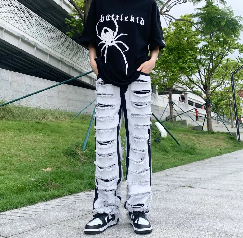 Men's Ripped Jeans Straight Casual Versatile Trousers Mid Waist Zipper Fly Denim Polyester Blend Teenagers Leisure S M L XL 2XL 3XL 4XL Picture Color