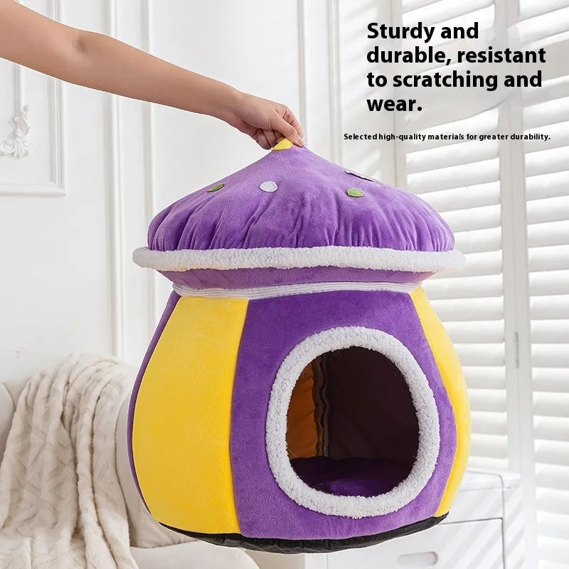 Grey mushroom-shaped plush cat bed on a wooden floor