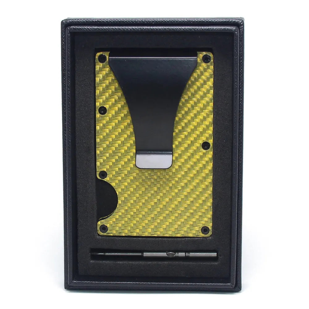 Carbon fibre aluminium wallet card holder with 8mm thickness showing geometry design and multiple colour options
