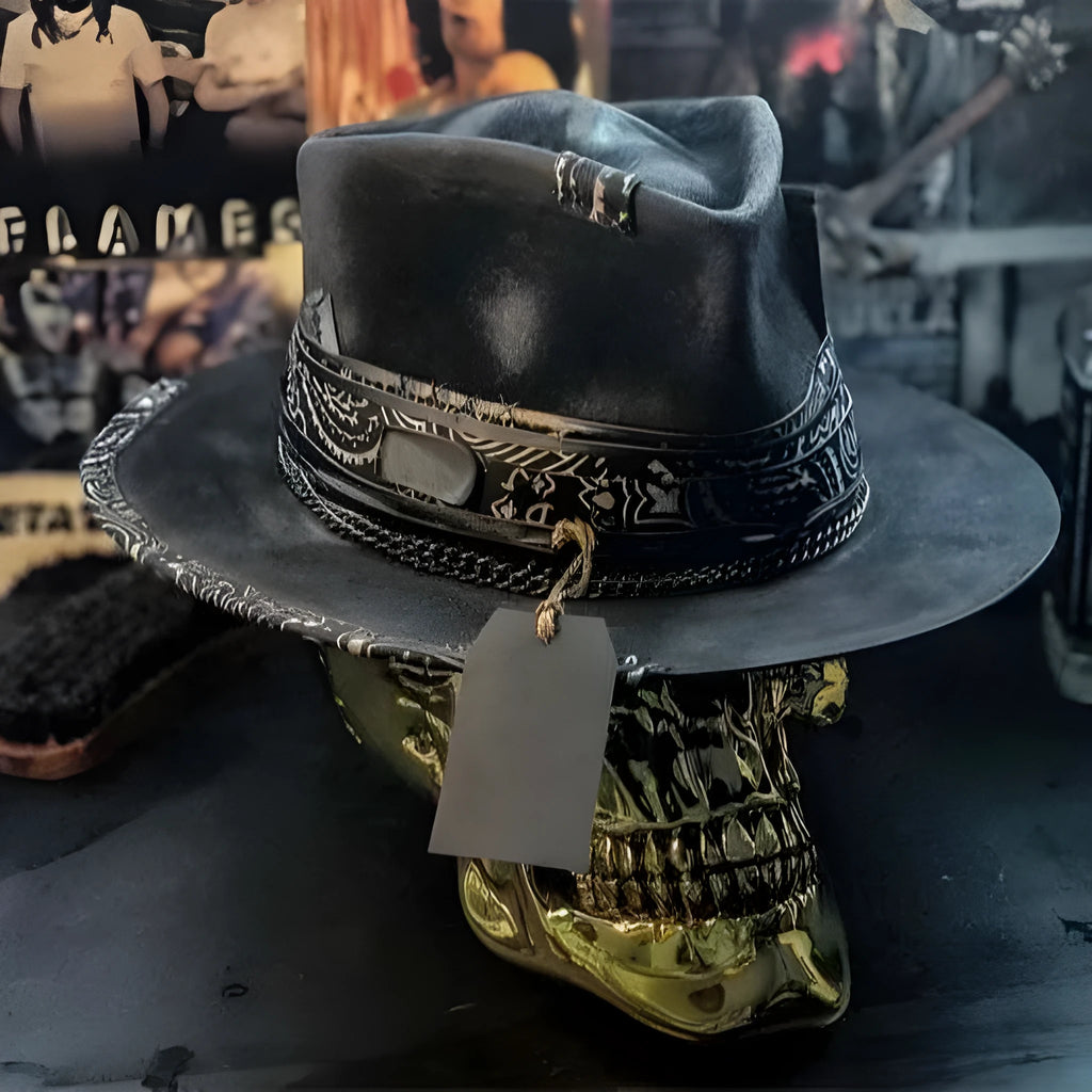 Handmade wool skull hat with a conical crown, shown in its specified colour, laid flat.