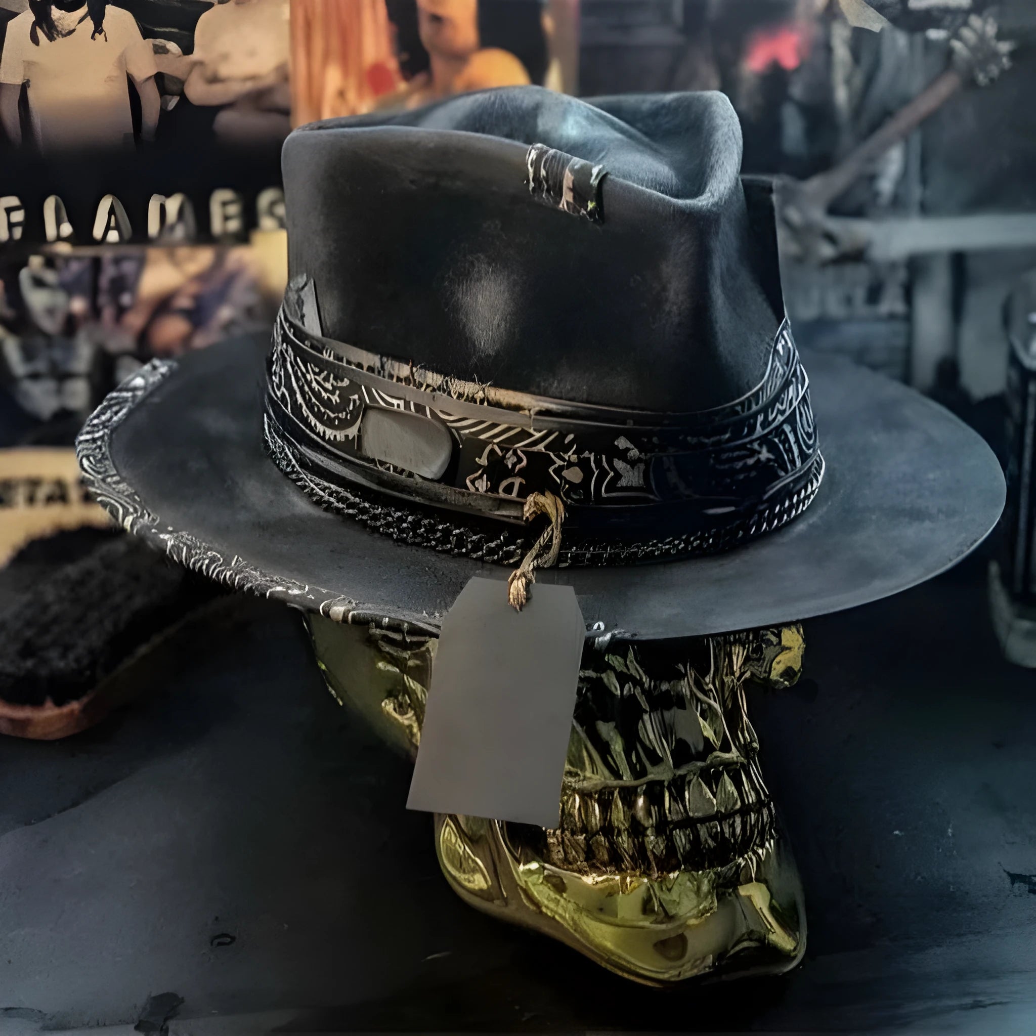 Handmade wool skull hat with a conical crown, shown in its specified colour, laid flat.