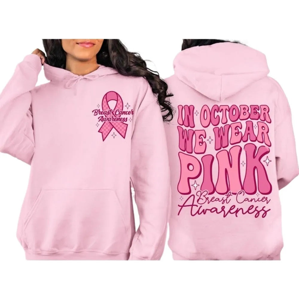 Pink women's hoodie with retro breast cancer awareness hot stamp design and side seam pocket.