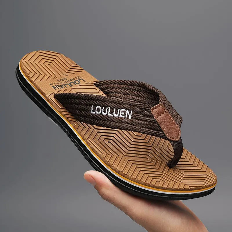 Men's open-toe flip flops in black, khaki, or green with a textured non-slip sole.