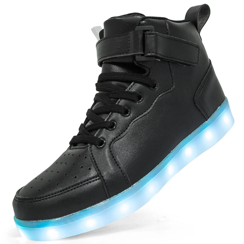 Black high-top LED light-up shoes with Velcro straps and a rubber sole.