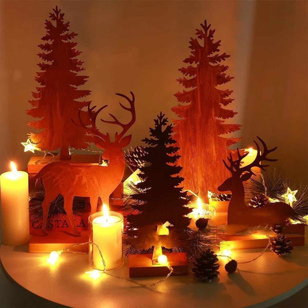 Set of three rusty iron Christmas tree ornaments with elk silhouettes, American-style metal decor.